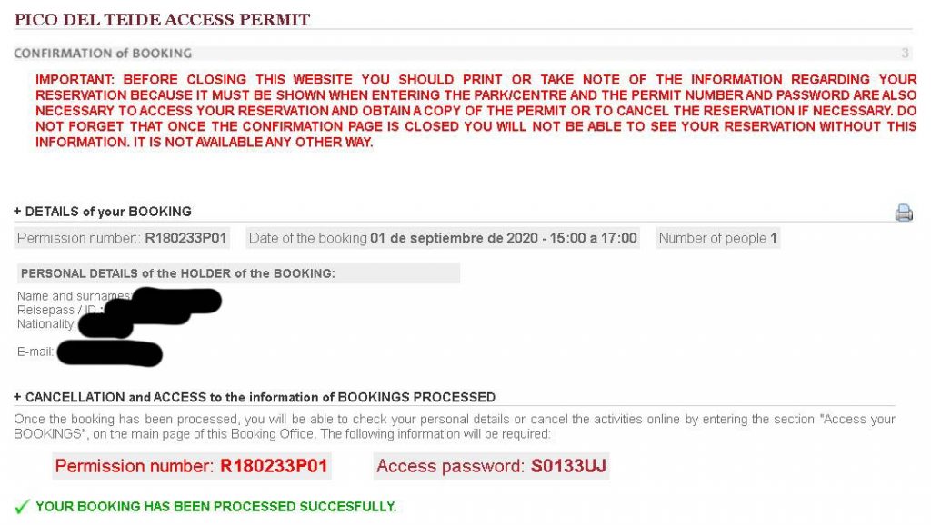Apply for Teide Access Permit - Booking Succesfully