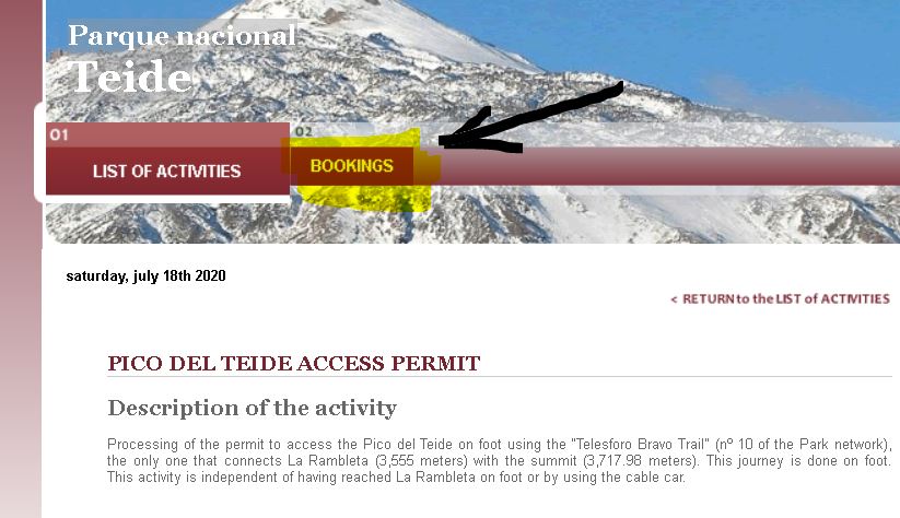 Apply for Teide Access Permit - Bookings