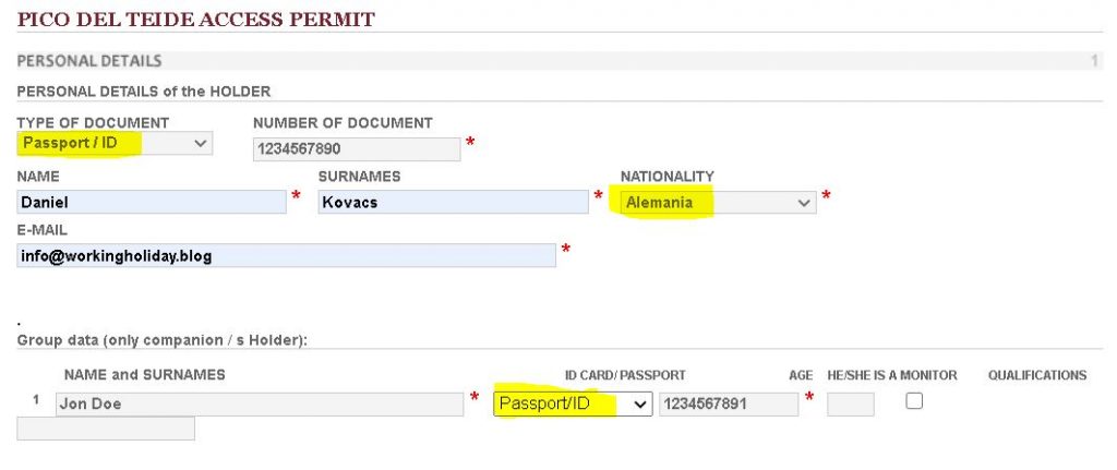 Apply for Teide Access Permit - Personal Details