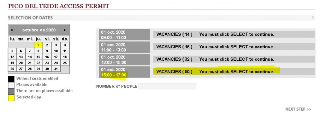 Apply for Teide Access Permit - Selection of Dates