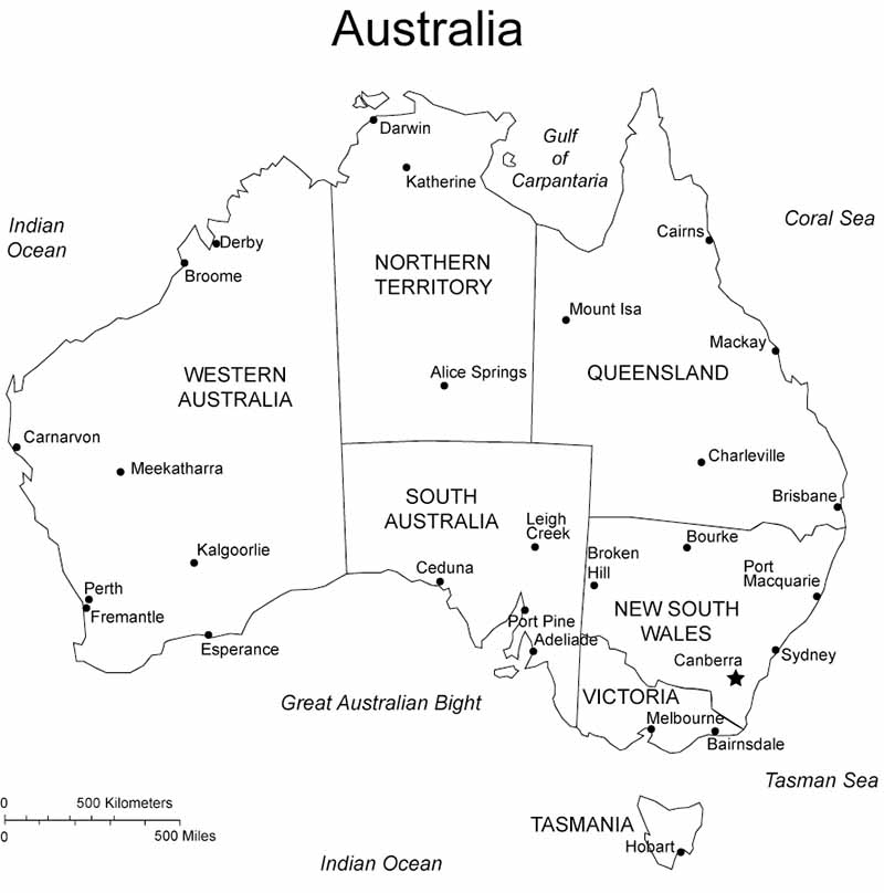 A map with all interstate borders of Australia